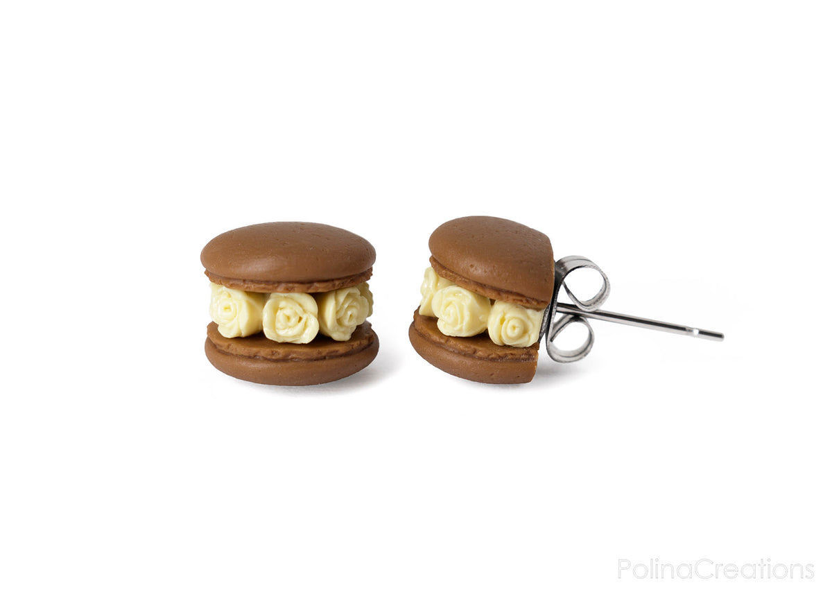 Handmade Chocolate Floral Macaron Stud Earrings