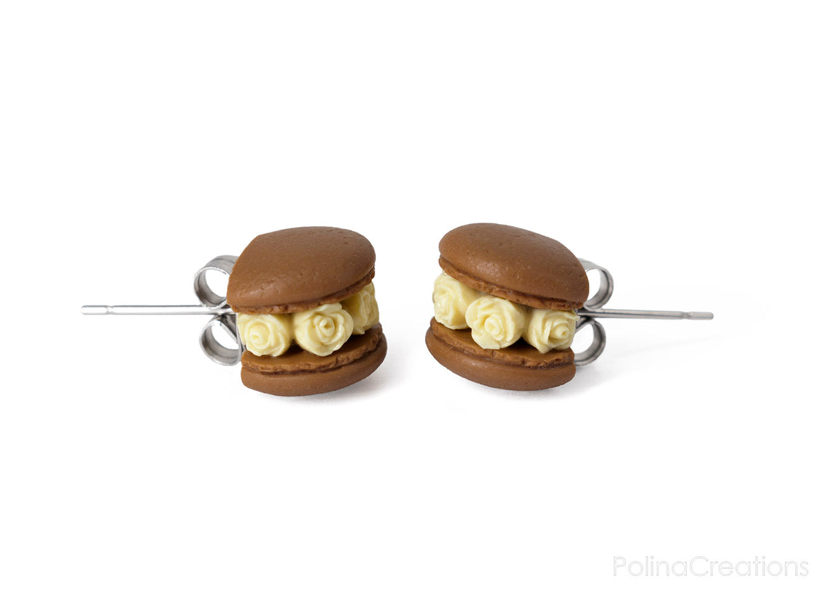 Handmade Chocolate Floral Macaron Stud Earrings