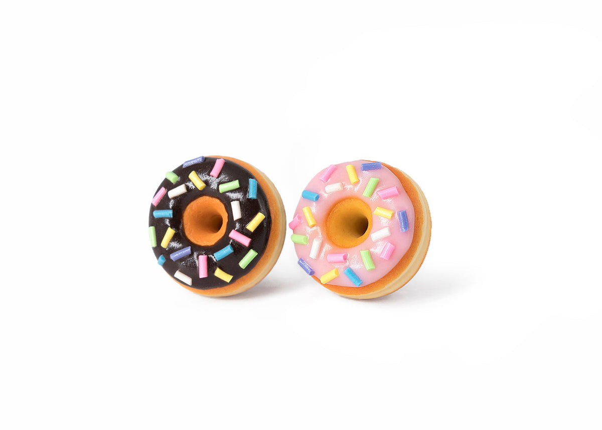 PolinaCreations Handmade Jewelry Pink and Chocolate Doughnut Stud Earrings, Brown Donut Earrings Pink Donut Earrings Chocolate Earrings Fake Food Jewelry Polymer clay jewelry Asymmetrical earrings pink earrings chocolate earrings polina creations small cute earrings