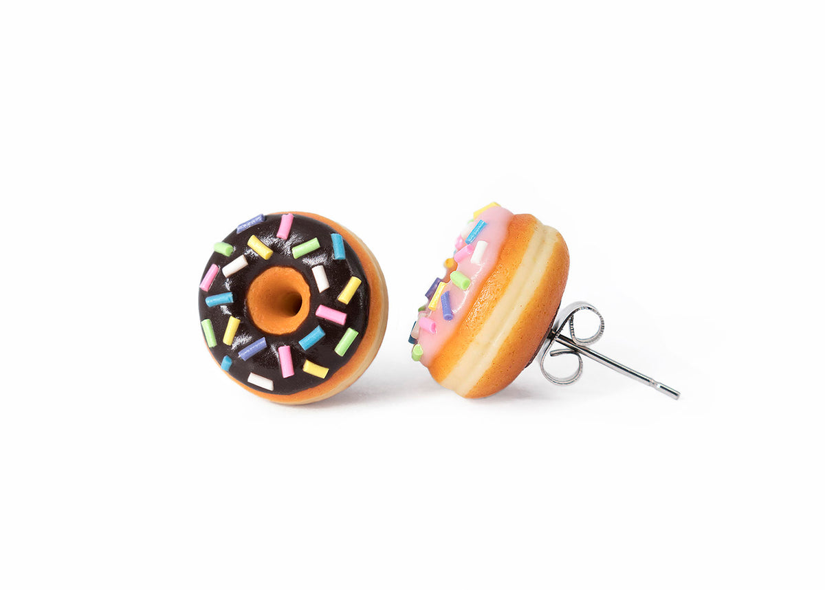 PolinaCreations Handmade Jewelry Pink and Chocolate Doughnut Stud Earrings, Brown Donut Earrings Pink Donut Earrings Chocolate Earrings Fake Food Jewelry Polymer clay jewelry Asymmetrical earrings pink earrings chocolate earrings polina creations small cute earrings hypoallergenic jewelry miniature food jewelry