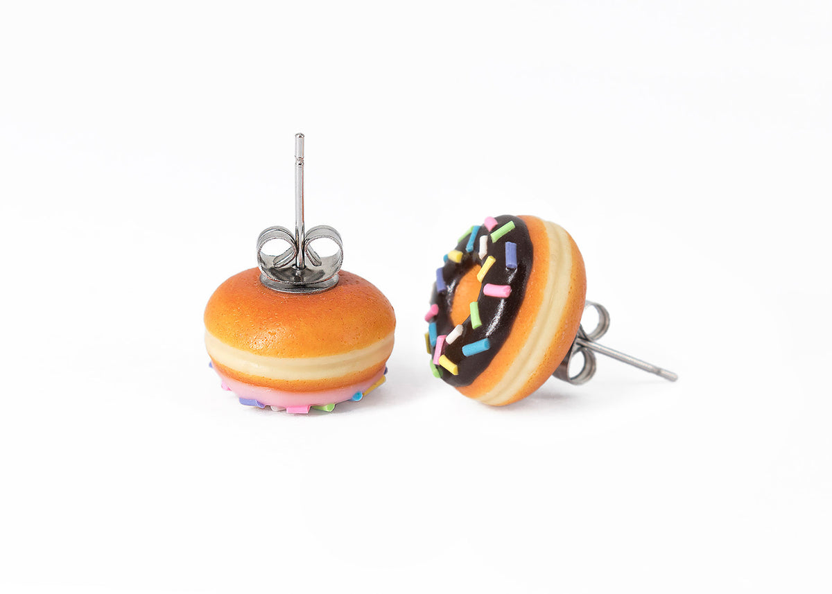 PolinaCreations Handmade Jewelry Pink and Chocolate Doughnut Stud Earrings, Brown Donut Earrings Pink Donut Earrings Chocolate Earrings Fake Food Jewelry Polymer clay jewelry Asymmetrical earrings pink earrings chocolate earrings polina creations small cute earrings hypoallergenic jewelry miniature food jewelry