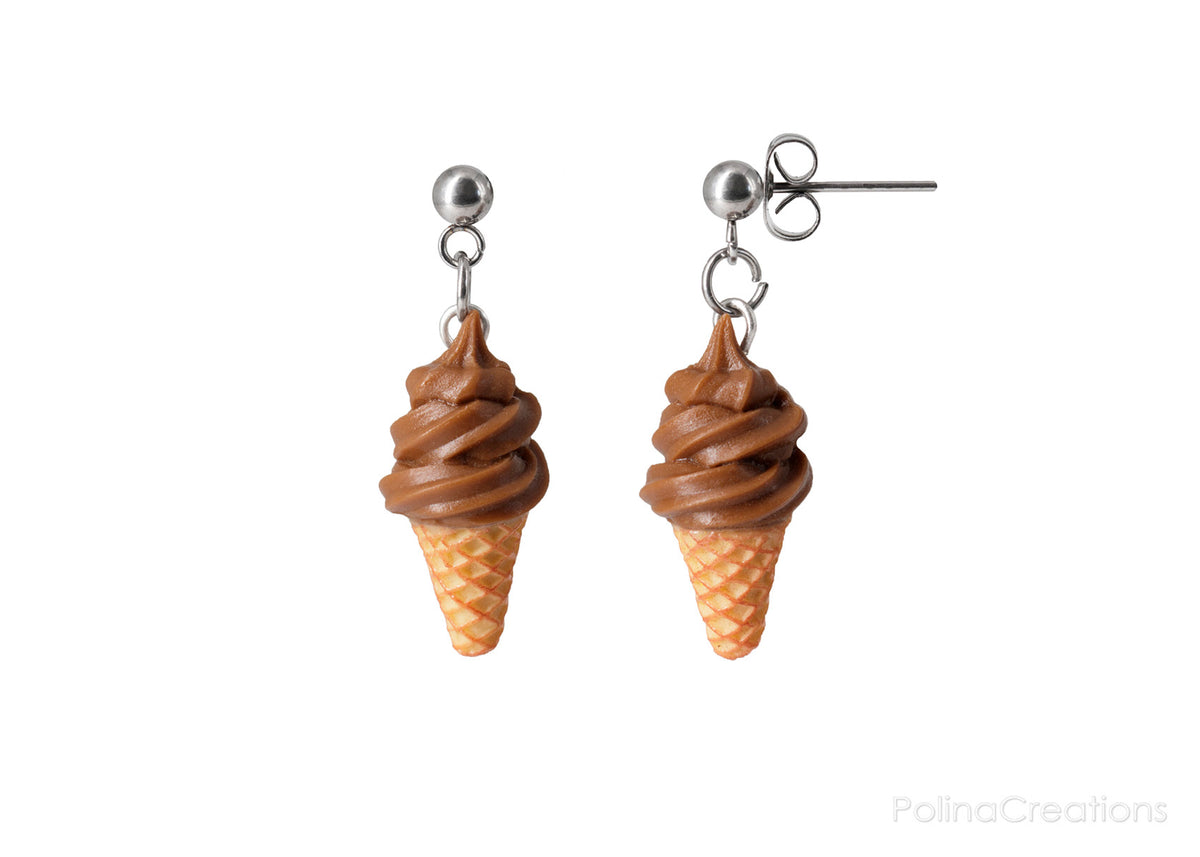 Handmade Soft Chocolate Ice Cream Dangle Stud Earrings