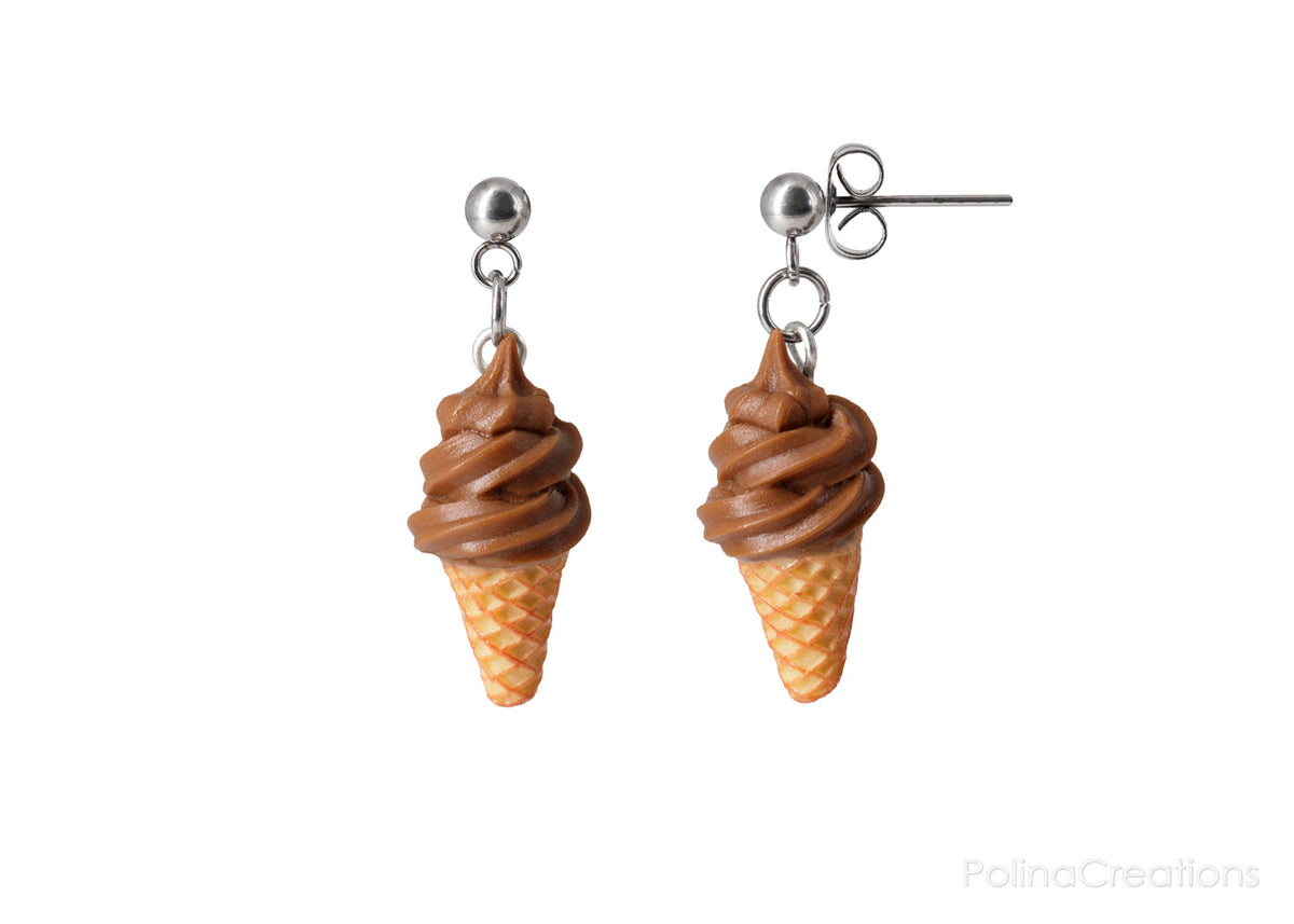 Handmade Soft Chocolate Ice Cream Dangle Stud Earrings