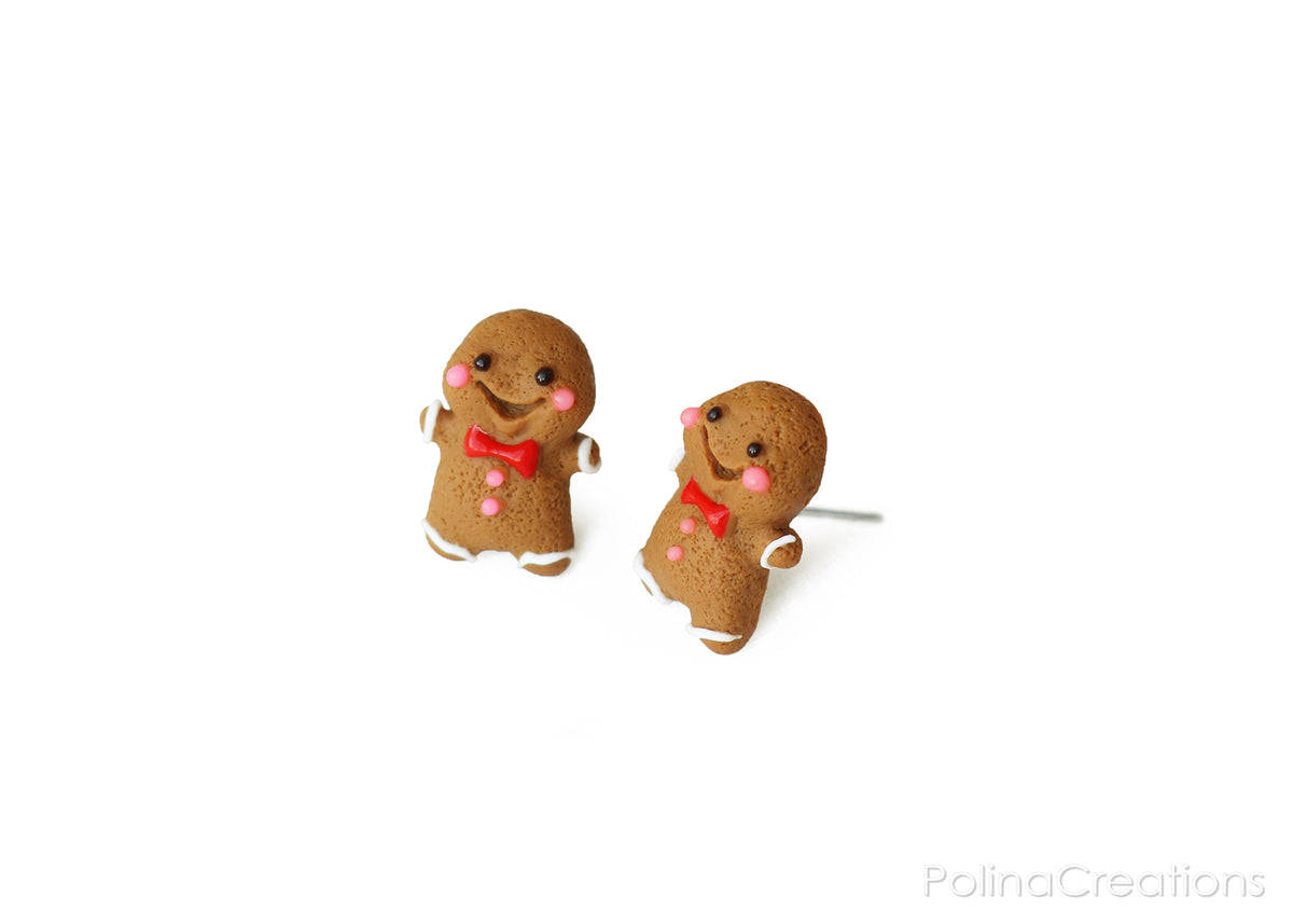 Polinacreations Handmade Christmas Gingerbread Man Cookie Earrings, Stud Earrings Smile Earrings, Christmas Earrings Holiday Jewelry PolinaCreations Fake food jewelry polymer clay jewelry miniature food jewelry bow tie earrings Xmas gift Christmas gift for her polina creations dessert small cute earrings
