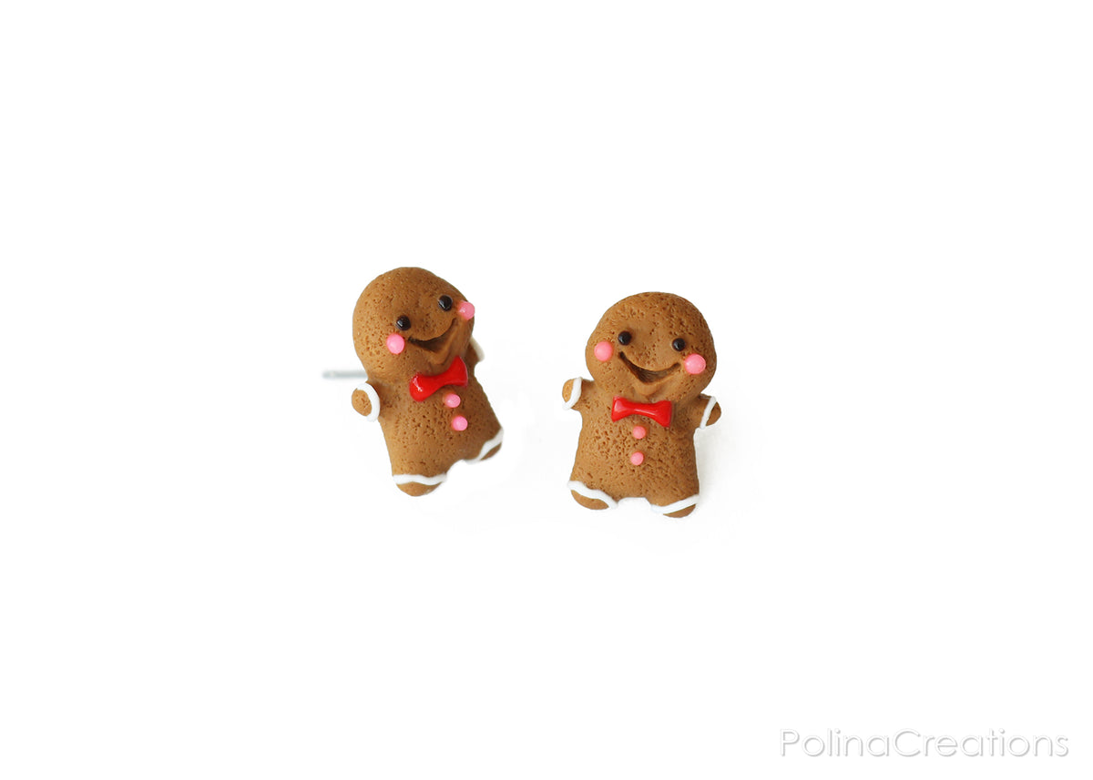 Polinacreations Handmade Christmas Gingerbread Man Cookie Earrings, Stud Earrings Smile Earrings, Christmas Earrings Holiday Jewelry PolinaCreations Fake food jewelry polymer clay jewelry miniature food jewelry bow tie earrings Xmas gift Christmas gift for her polina creations dessert small cute earrings