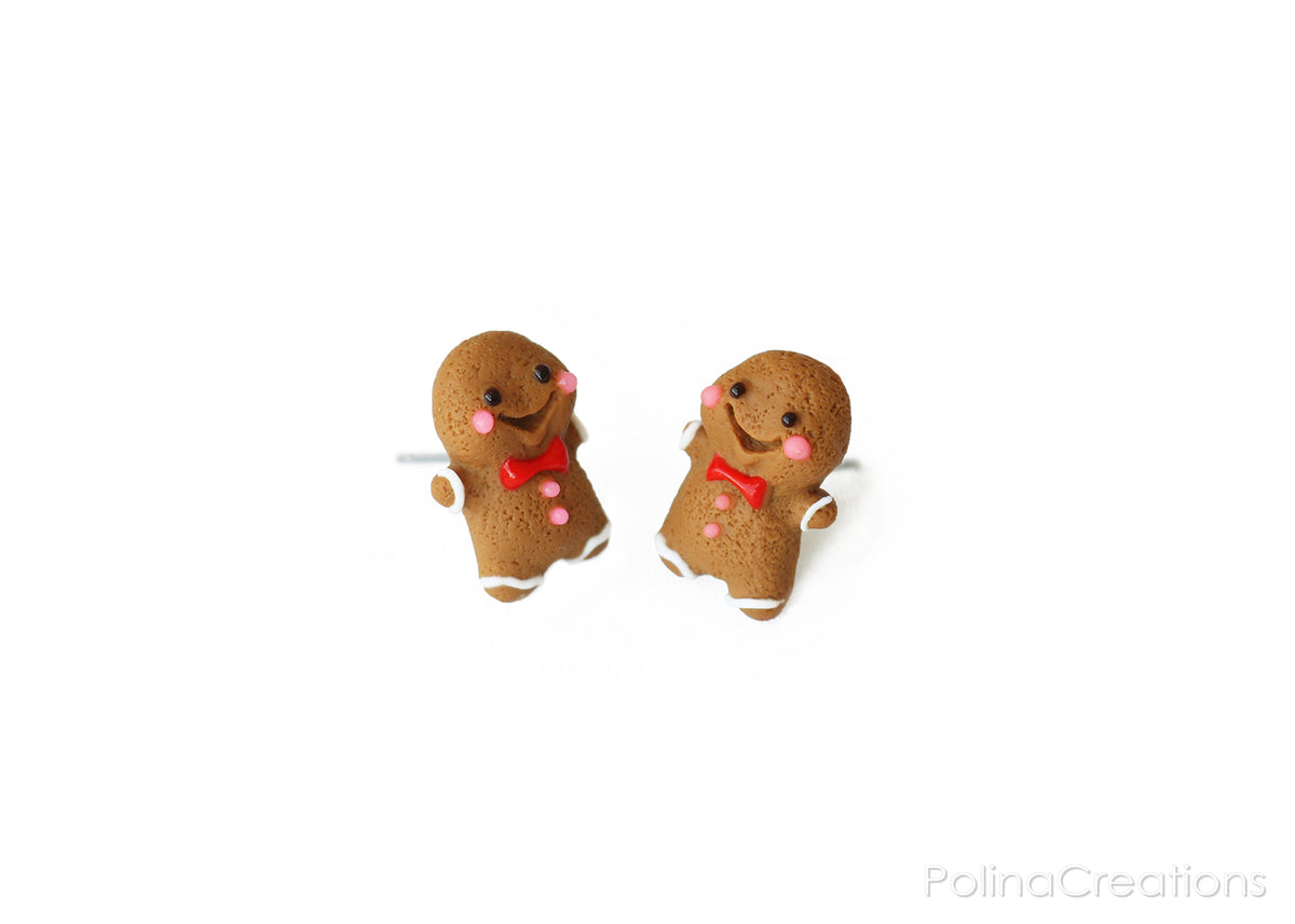 Polinacreations Handmade Christmas Gingerbread Man Cookie Earrings, Stud Earrings Smile Earrings, Christmas Earrings Holiday Jewelry PolinaCreations Fake food jewelry polymer clay jewelry miniature food jewelry bow tie earrings Xmas gift Christmas gift for her polina creations dessert small cute earrings
