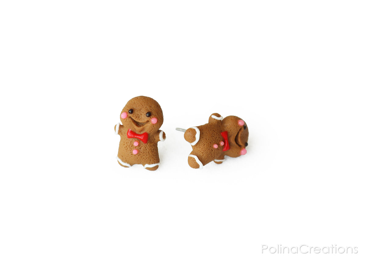 Polinacreations Handmade Christmas Gingerbread Man Cookie Earrings, Stud Earrings Smile Earrings, Christmas Earrings Holiday Jewelry PolinaCreations Fake food jewelry polymer clay jewelry miniature food jewelry bow tie earrings Xmas gift Christmas gift for her polina creations dessert small cute earrings