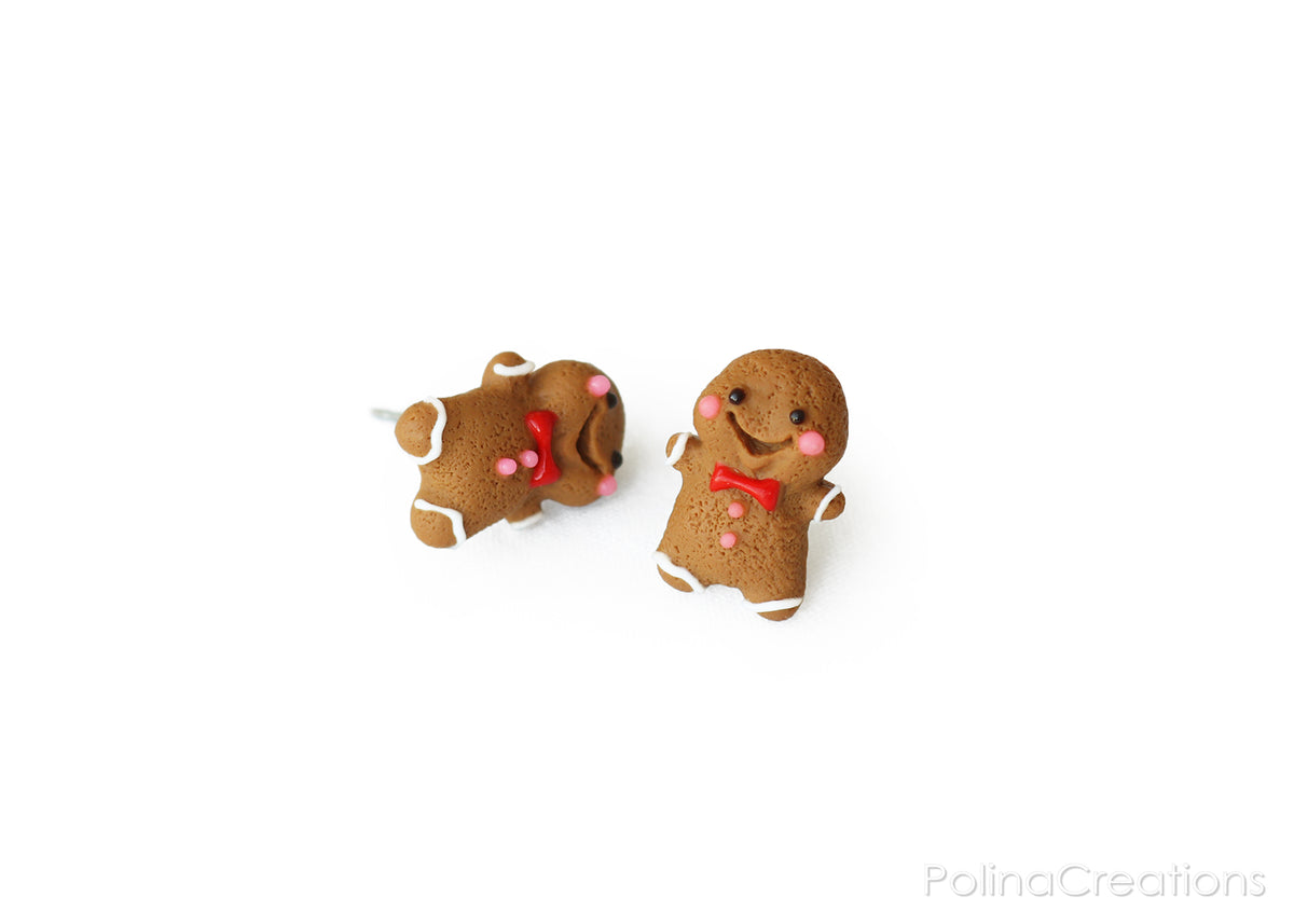 Polinacreations Handmade Christmas Gingerbread Man Cookie Earrings, Stud Earrings Smile Earrings, Christmas Earrings Holiday Jewelry PolinaCreations Fake food jewelry polymer clay jewelry miniature food jewelry bow tie earrings Xmas gift Christmas gift for her polina creations dessert small cute earrings present for women