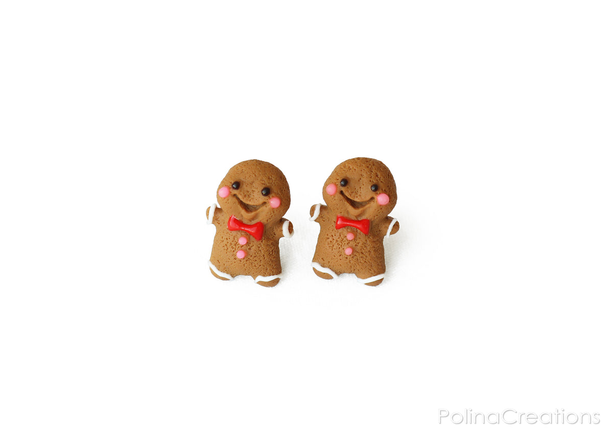 Polinacreations Handmade Christmas Gingerbread Man Cookie Earrings, Stud Earrings Smile Earrings, Christmas Earrings Holiday Jewelry PolinaCreations Fake food jewelry polymer clay jewelry miniature food jewelry bow tie earrings Xmas gift Christmas gift for her polina creations dessert small cute earrings present for women