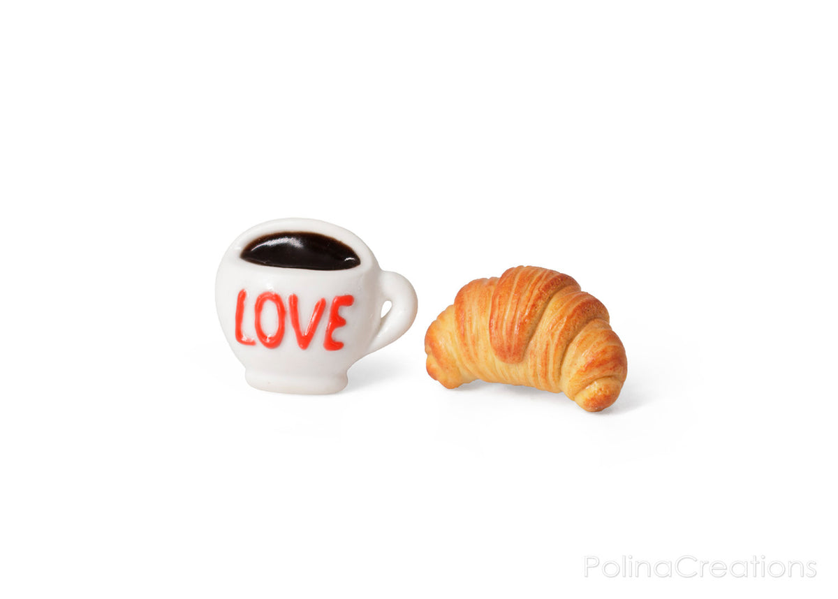PolinaCreations Coffee Cup & Croissant Stud Earrings, Croissant Earrings Coffee Lover Gift Asymmetrical Earrings Espresso BFF Gifts for Girls LOVE Earrings polina creations