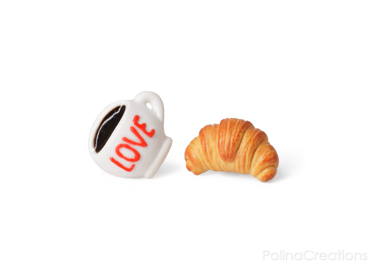PolinaCreations Coffee Cup & Croissant Stud Earrings, Croissant Earrings Coffee Lover Gift Asymmetrical Earrings Espresso BFF Gifts for Girls LOVE Earrings