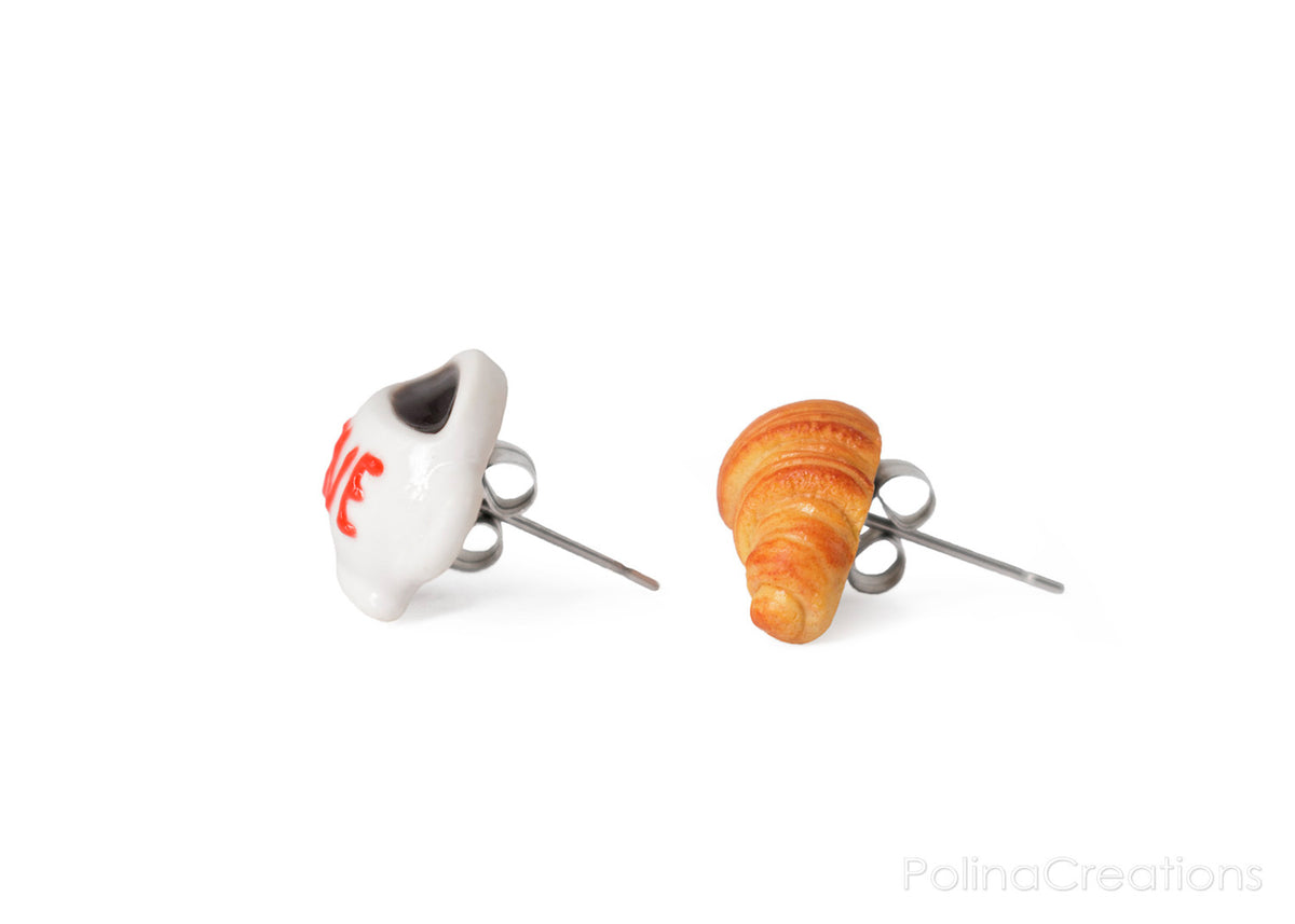 PolinaCreations Coffee Cup & Croissant Stud Earrings, Croissant Earrings Coffee Lover Gift Asymmetrical Earrings Espresso BFF Gifts for Girls LOVE Earrings
