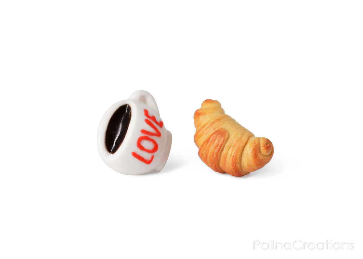PolinaCreations Coffee Cup & Croissant Stud Earrings, Croissant Earrings Coffee Lover Gift Asymmetrical Earrings Espresso BFF Gifts for Girls LOVE Earrings
