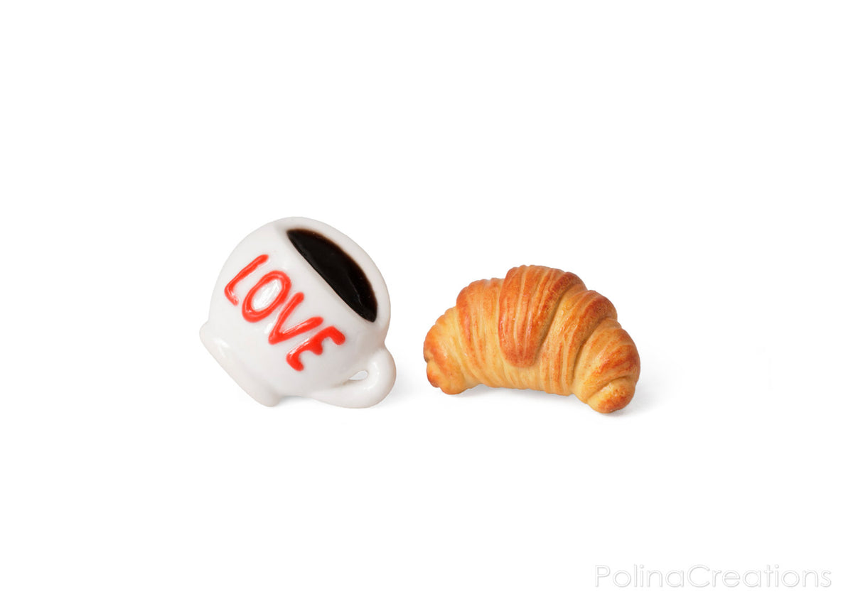 PolinaCreations Coffee Cup & Croissant Stud Earrings, Croissant Earrings Coffee Lover Gift Asymmetrical Earrings Espresso BFF Gifts for Girls LOVE Earrings