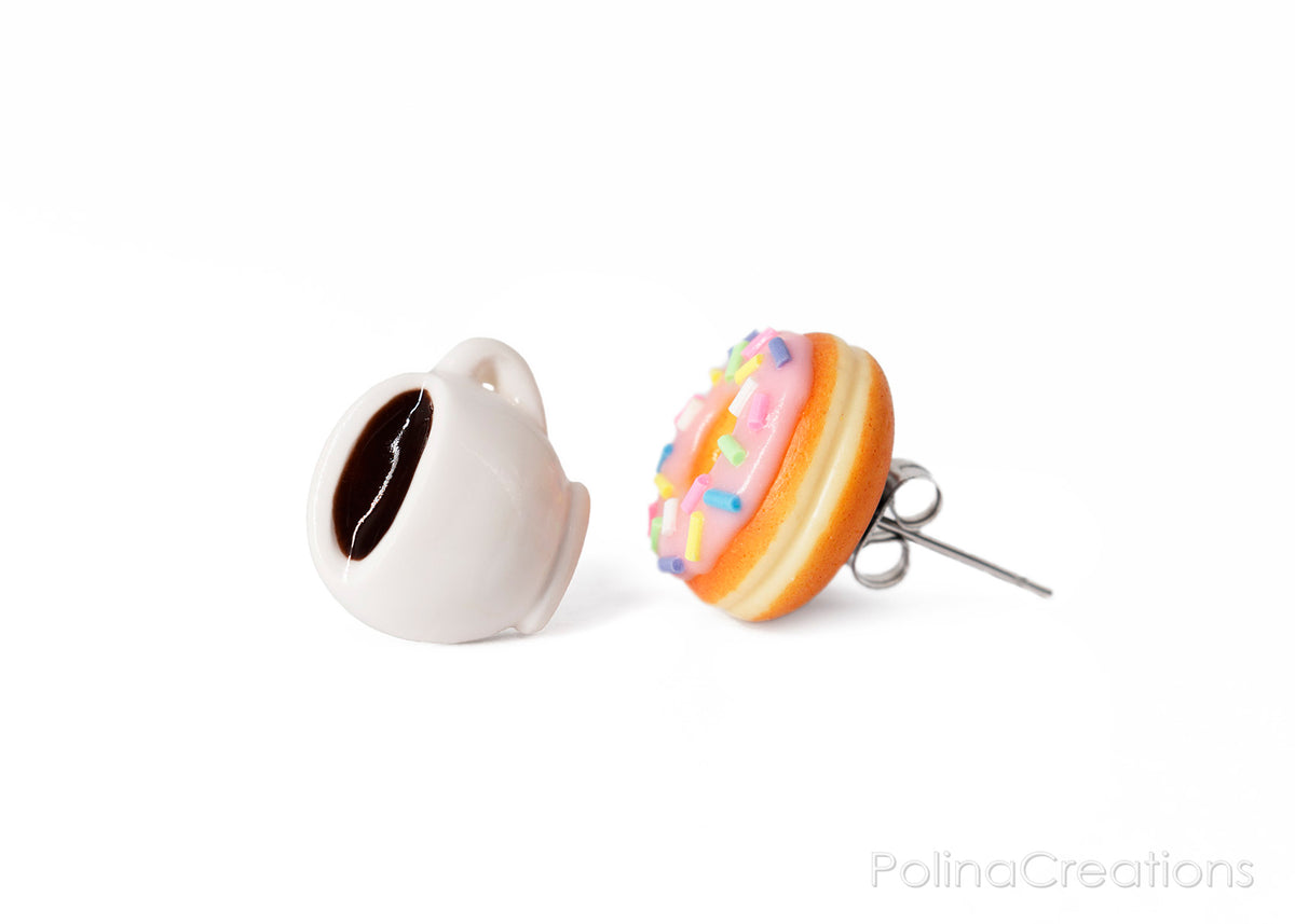 PolinaCreations Coffee Mug & Pink Glazed Doughnut Stud Earrings Pink Donut with Sprinkles Earrings Coffee Lover Coffee jewelry Donut Jewelry Espresso Coffee Cup Earrings Polina Creations