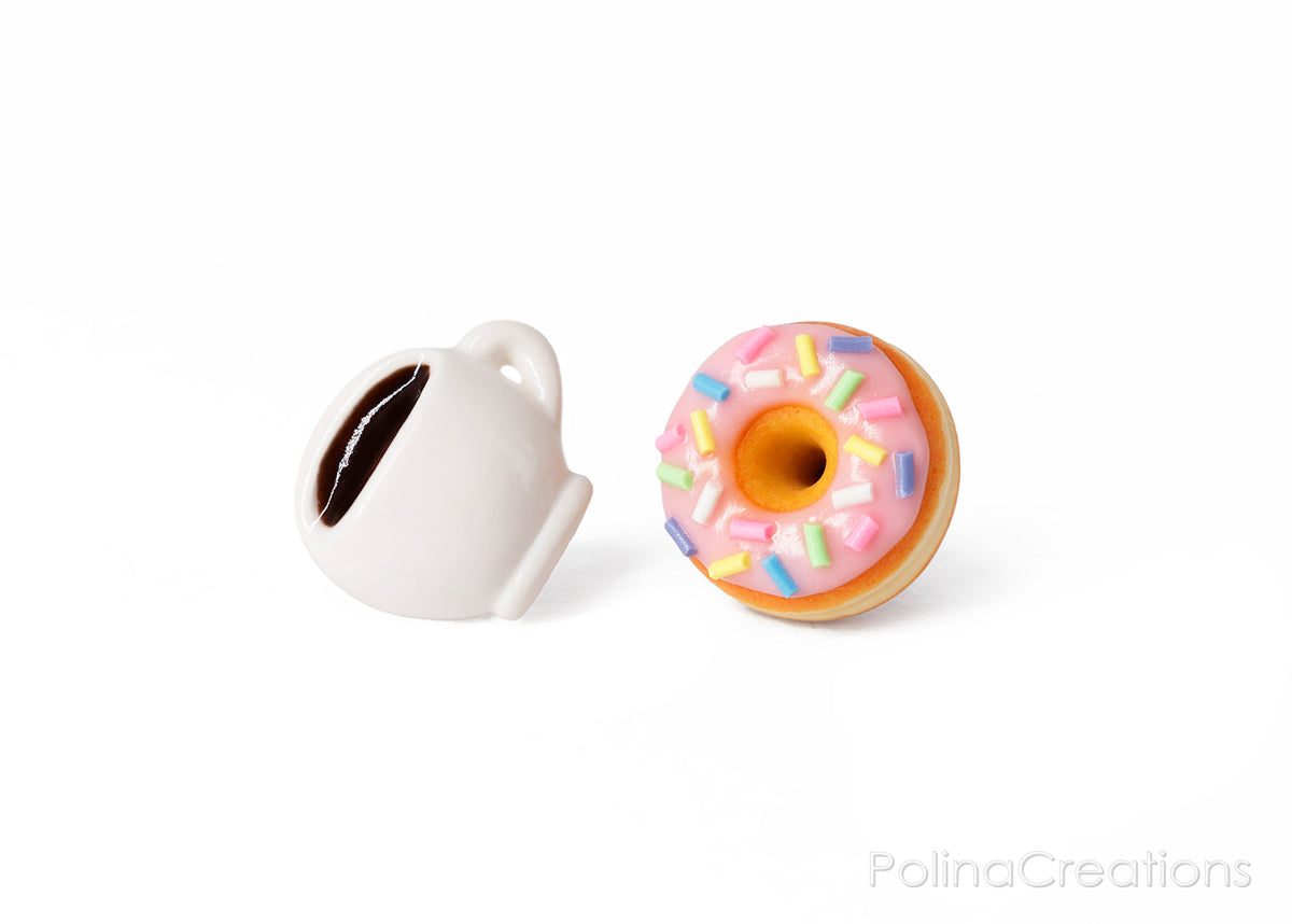 PolinaCreations Coffee Mug & Pink Glazed Doughnut Stud Earrings Pink Donut with Sprinkles Earrings Coffee Lover Coffee jewelry Donut Jewelry Espresso Coffee Cup Earrings Polina Creations