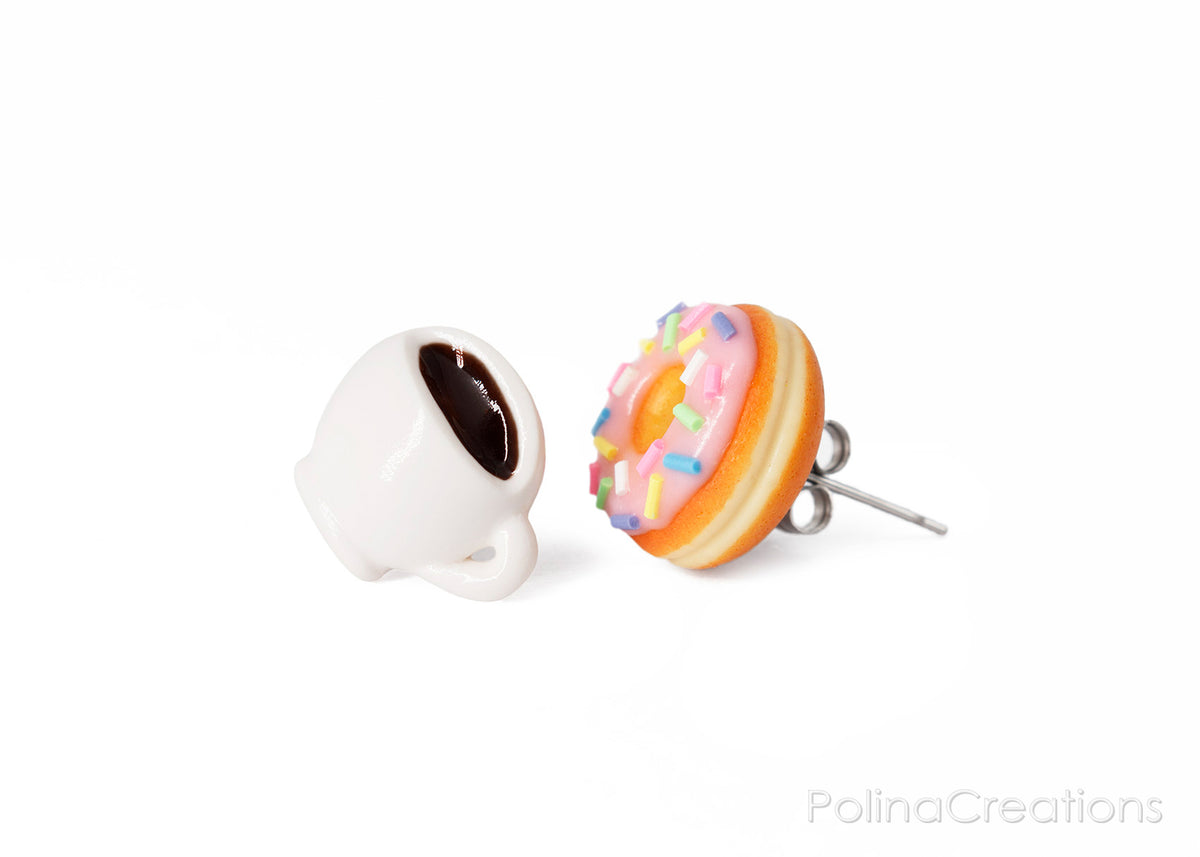 PolinaCreations Coffee Mug & Pink Glazed Doughnut Stud Earrings Pink Donut with Sprinkles Earrings Coffee Lover Coffee jewelry Donut Jewelry Espresso Coffee Cup Earrings Polina Creations