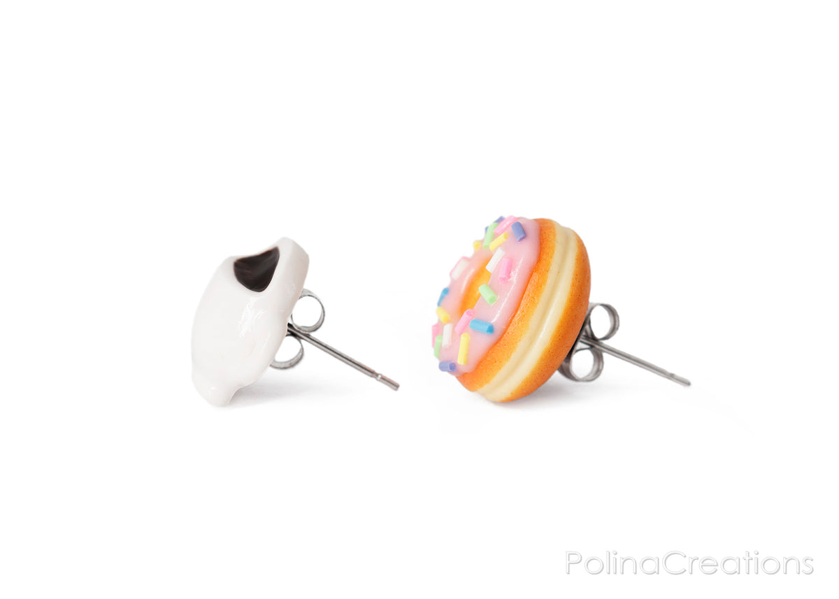 PolinaCreations Coffee Mug & Pink Glazed Doughnut Stud Earrings Pink Donut with Sprinkles Earrings Coffee Lover Coffee jewelry Donut Jewelry Espresso Coffee Cup Earrings Polina Creations