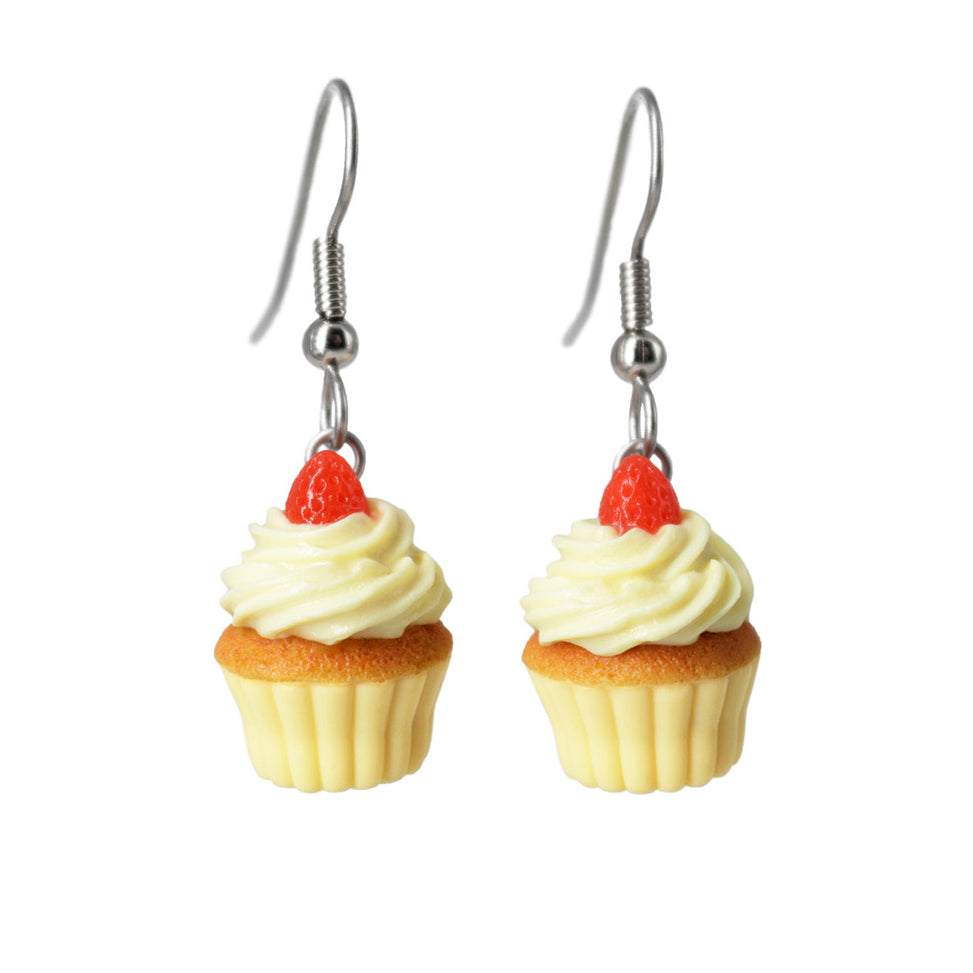 polinacreations hypoallergenic jewelry gift ideas handmade jewelry Vanilla Frosting Cupcake Earrings Topped with Strawberry, Vanilla Cupcake Earrings Fake Food Jewelry Polymer Clay food Jewelry yellow jewelry cute earrings gift for woman gift for her present for girl strawberry jewelry fruit earrings dessert jewelry vanilla jewelry unique jewelry desert jewellery berry earrings