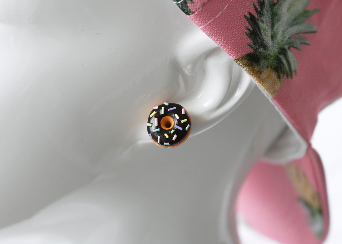 Handmade Jewelry Chocolate Glazed Doughnut Earrings With Sprinkles, Donut Earrings PolinaCreations Fake Food Jewelry Polymer clay Food Earrings mini food jewelry miniature food cute studs small earrings circle earrings sprinkle jewelry rainbow jewelry hypoallergenic jewelry polina creations jewellery chocolate jewelry brown jewelry
