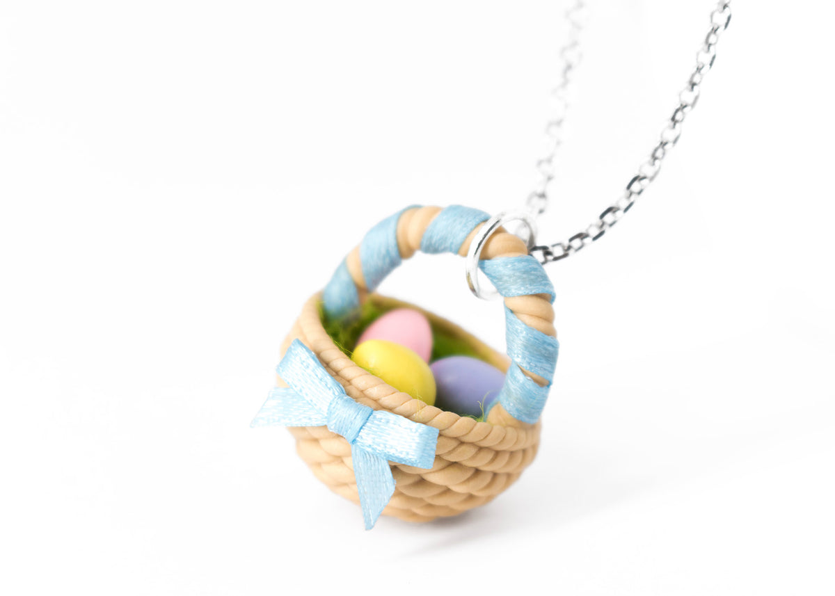 polinacreations Handmade Easter Egg Basket Pendant. holiday jewellery Easter Eggs jewelry Easter Jewelry polymer clay fake food jewelry Easter gift silver necklace blue necklace gift for her women rainbow jewelry ribbon jewelry