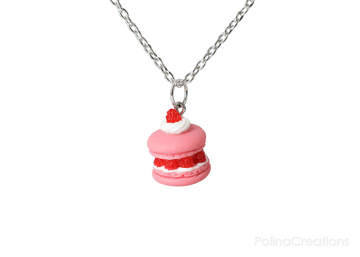 Handmade Raspberry French Macaron Necklace, Valentine's day gift