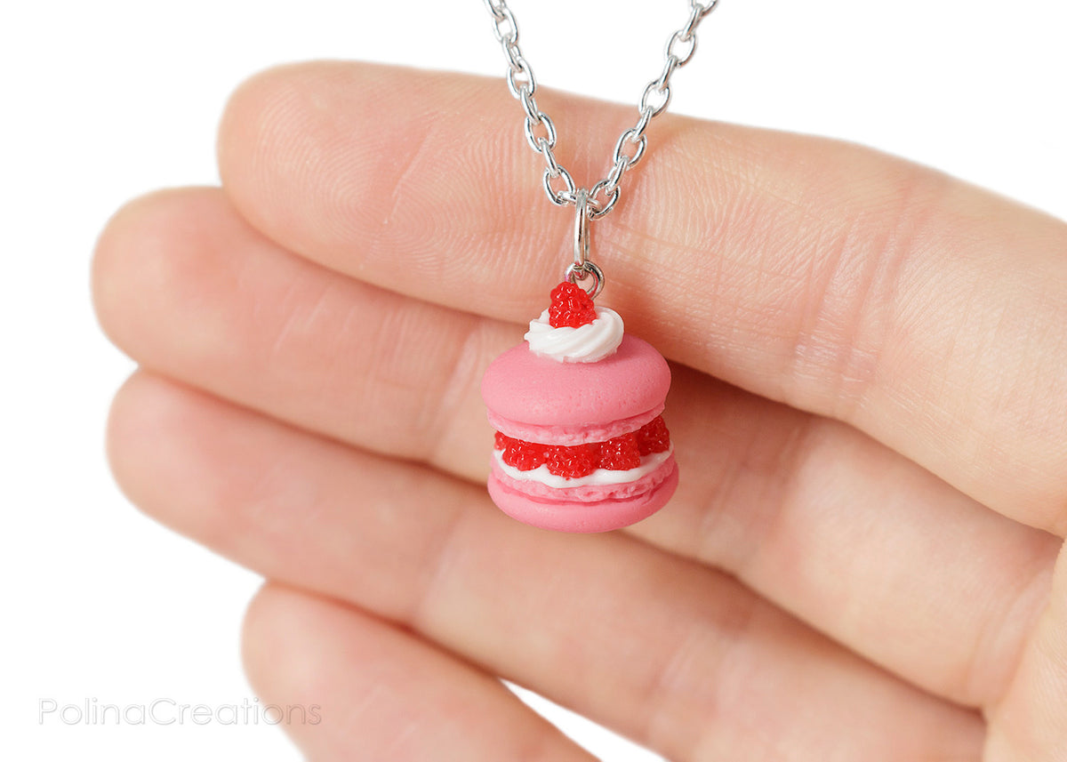 Handmade Raspberry French Macaron Necklace, Valentine's day gift