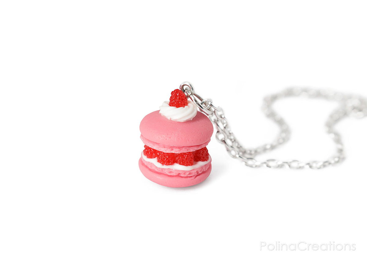 Handmade Raspberry French Macaron Necklace, Valentine's day gift