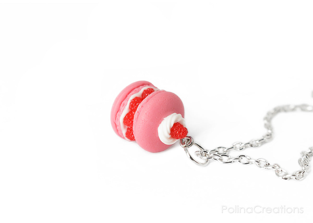 Handmade Raspberry French Macaron Necklace, Valentine's day gift