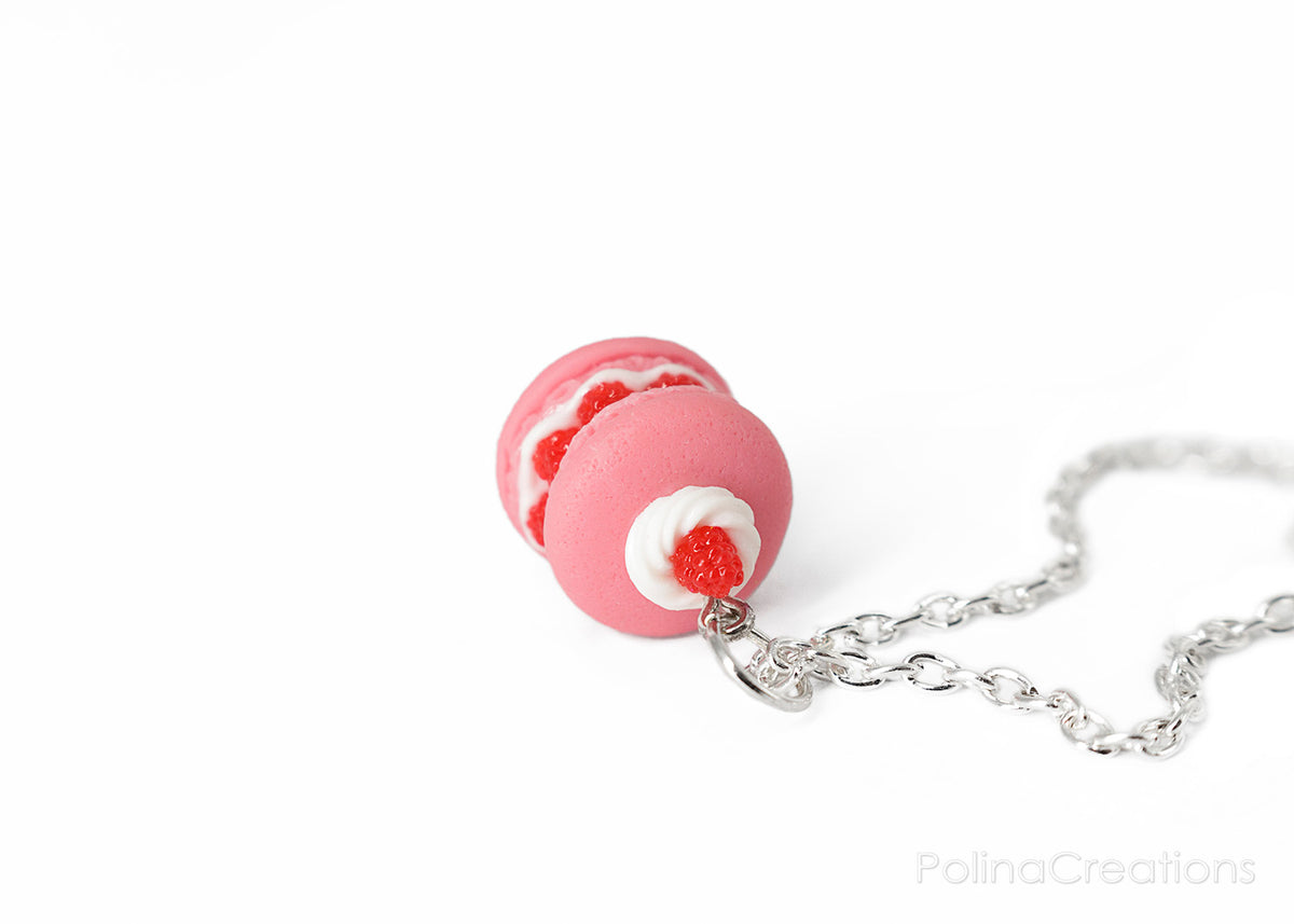 Handmade Raspberry French Macaron Necklace, Valentine's day gift