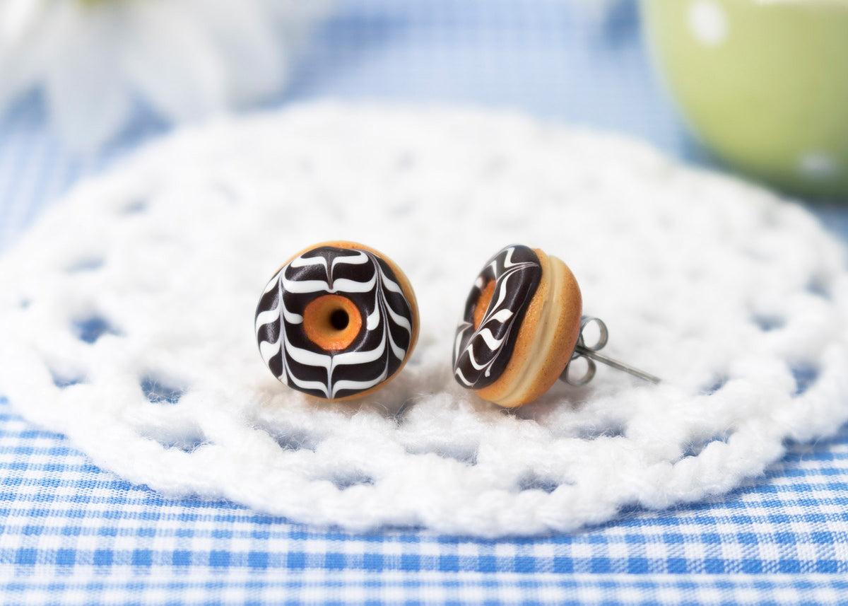 Handmade Jewelry Chocolate Glazed Doughnut Earrings With White stripes, Donut Earrings PolinaCreations Fake Food Jewelry Polymer clay Food Earrings mini food jewelry miniature food cute studs small earrings circle earrings sprinkle jewelry rainbow jewelry hypoallergenic jewelry polina creations jewellery gift for her gift for woman girls baskin robbins dunkin donut