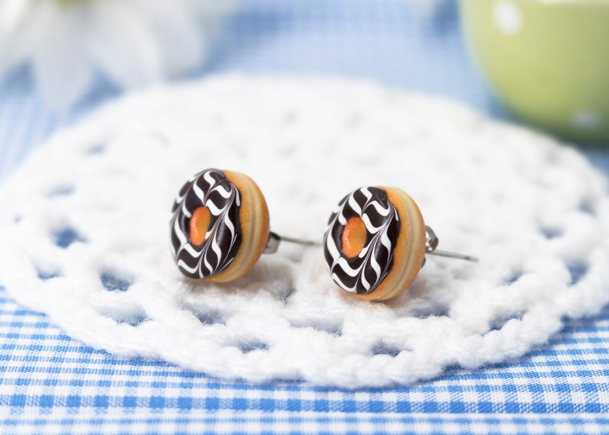 Handmade Jewelry Chocolate Glazed Doughnut Earrings With White stripes, Donut Earrings PolinaCreations Fake Food Jewelry Polymer clay Food Earrings mini food jewelry miniature food cute studs small earrings circle earrings sprinkle jewelry rainbow jewelry hypoallergenic jewelry polina creations jewellery gift for her gift for woman girls baskin robbins dunkin donut