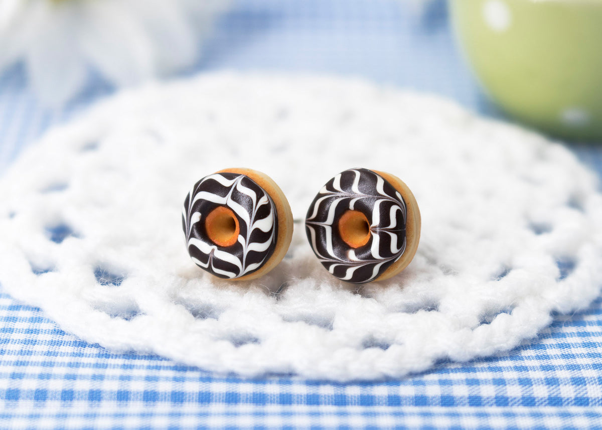 Handmade Jewelry Chocolate Glazed Doughnut Earrings With White stripes, Donut Earrings PolinaCreations Fake Food Jewelry Polymer clay Food Earrings mini food jewelry miniature food cute studs small earrings circle earrings sprinkle jewelry rainbow jewelry hypoallergenic jewelry polina creations jewellery gift for her gift for woman girls baskin robbins dunkin donut