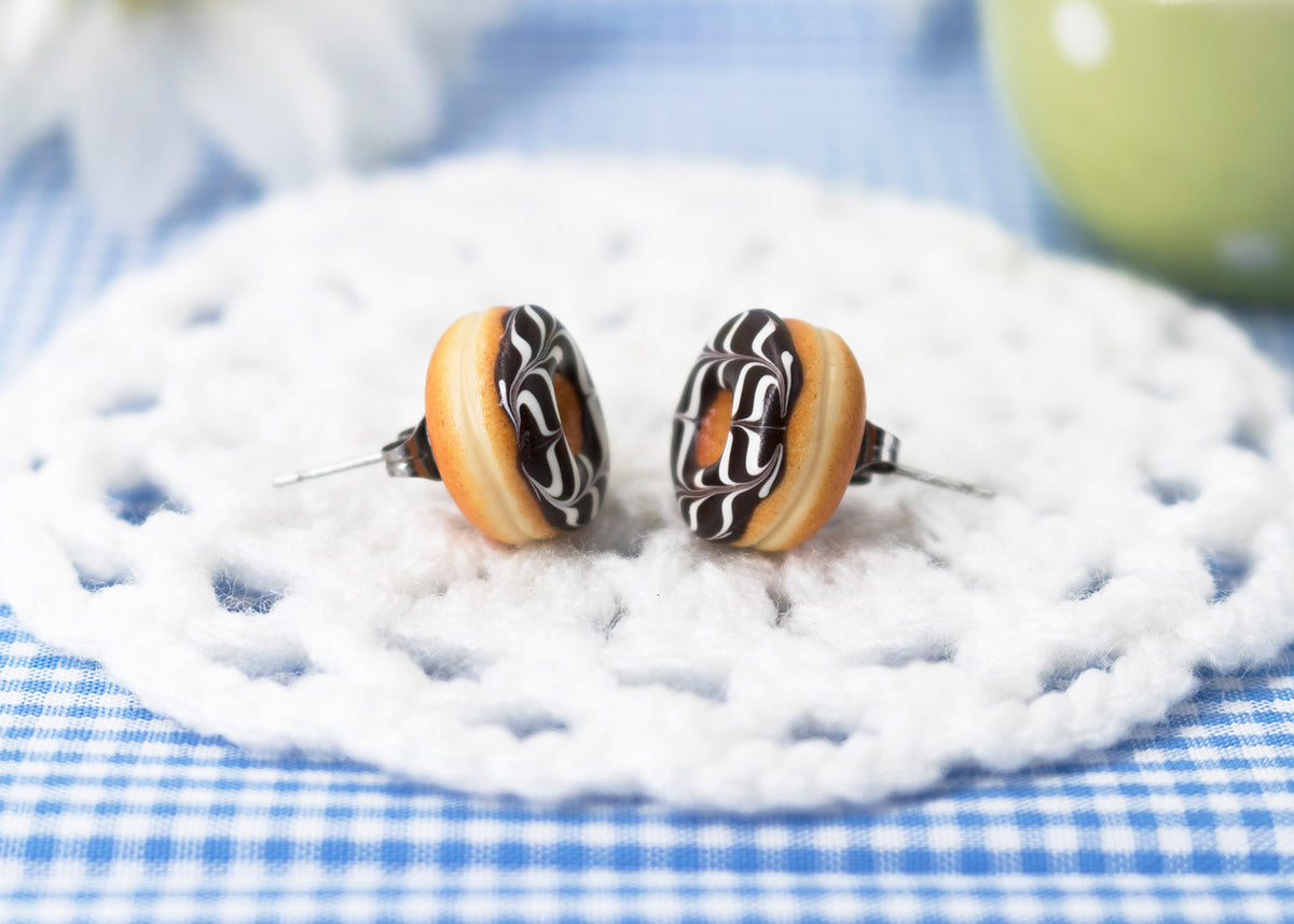 Handmade Jewelry Chocolate Glazed Doughnut Earrings With White stripes, Donut Earrings PolinaCreations Fake Food Jewelry Polymer clay Food Earrings mini food jewelry miniature food cute studs small earrings circle earrings sprinkle jewelry rainbow jewelry hypoallergenic jewelry polina creations jewellery gift for her gift for woman girls baskin robbins dunkin donut