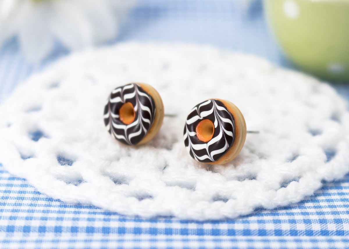 Handmade Jewelry Chocolate Glazed Doughnut Earrings With White stripes, Donut Earrings PolinaCreations Fake Food Jewelry Polymer clay Food Earrings mini food jewelry miniature food cute studs small earrings circle earrings sprinkle jewelry rainbow jewelry hypoallergenic jewelry polina creations jewellery gift for her gift for woman girls baskin robbins dunkin donut