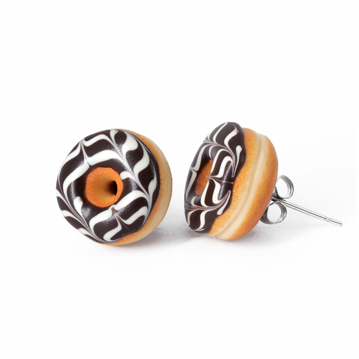Handmade Jewelry Chocolate Glazed Doughnut Earrings With White stripes, Donut Earrings PolinaCreations Fake Food Jewelry Polymer clay Food Earrings mini food jewelry miniature food cute studs small earrings circle earrings sprinkle jewelry rainbow jewelry hypoallergenic jewelry polina creations jewellery gift for her gift for woman girls baskin robbins dunkin donut