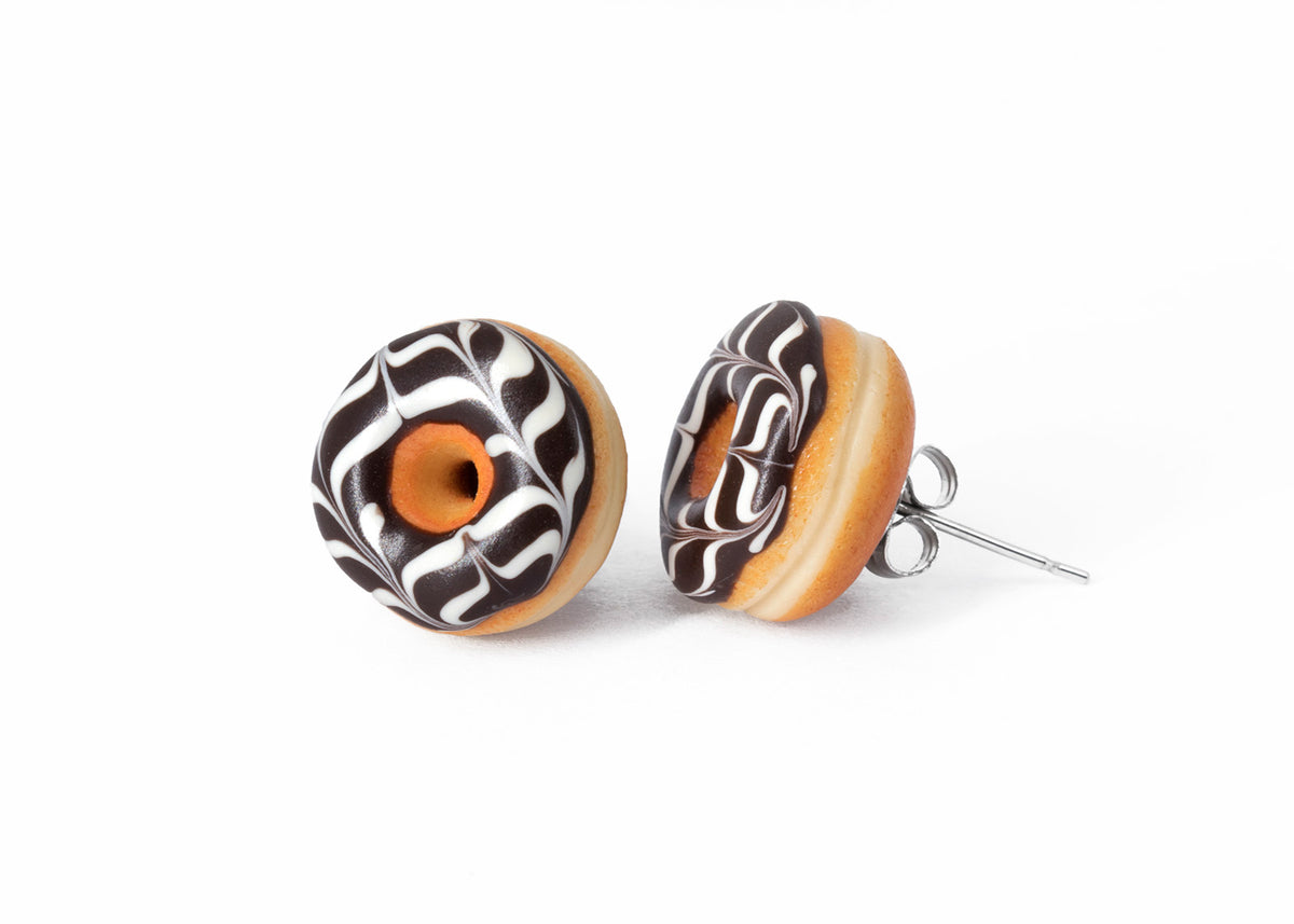 Handmade Jewelry Chocolate Glazed Doughnut Earrings With White stripes, Donut Earrings PolinaCreations Fake Food Jewelry Polymer clay Food Earrings mini food jewelry miniature food cute studs small earrings circle earrings sprinkle jewelry rainbow jewelry hypoallergenic jewelry polina creations jewellery gift for her gift for woman girls baskin robbins dunkin donut