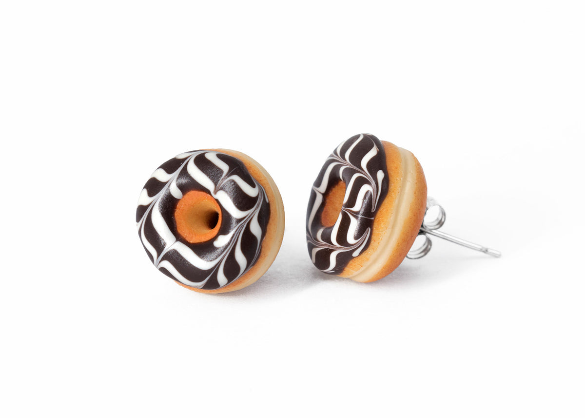 Handmade Jewelry Chocolate Glazed Doughnut Earrings With White stripes, Donut Earrings PolinaCreations Fake Food Jewelry Polymer clay Food Earrings mini food jewelry miniature food cute studs small earrings circle earrings sprinkle jewelry rainbow jewelry hypoallergenic jewelry polina creations jewellery gift for her gift for woman girls baskin robbins dunkin donut