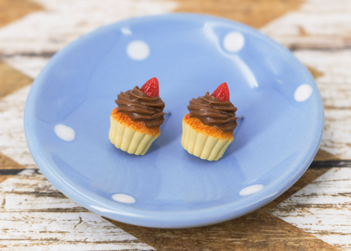 Handmade Chocolate Frosting Cupcake Stud Earrings Topped with Strawberry, Chocolate Cupcake Earrings PolinaCreations Fake Food Jewelry mini food strawberry earrings polina creations