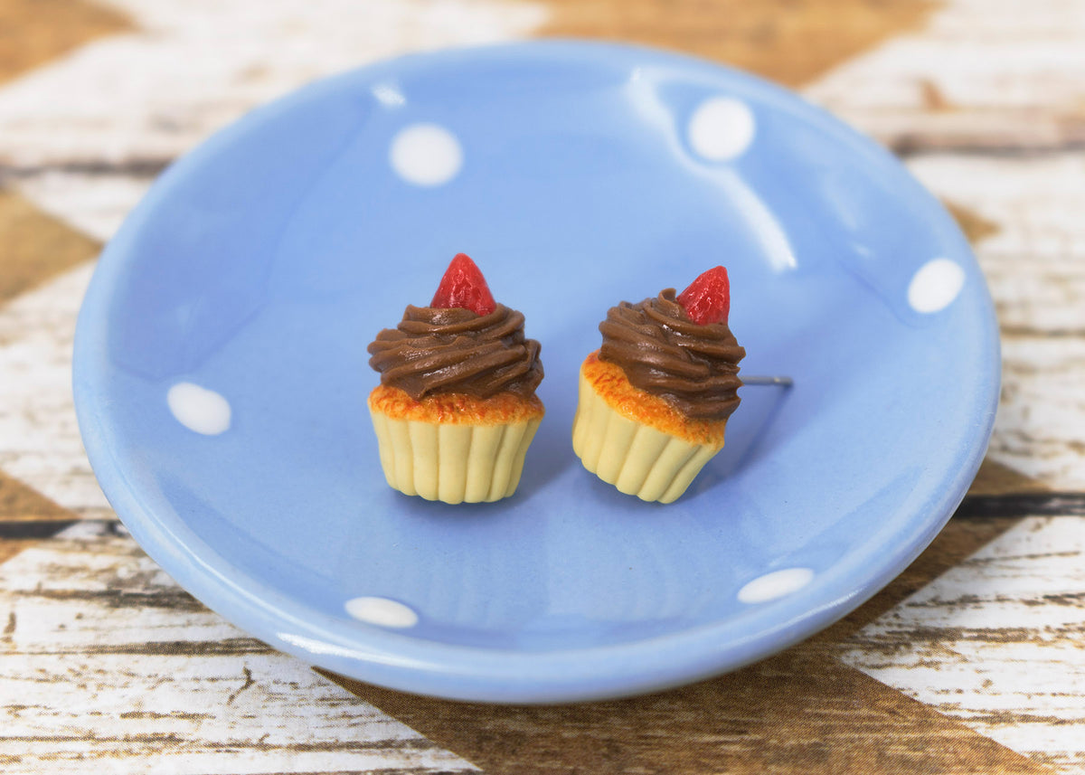 Handmade Chocolate Frosting Cupcake Stud Earrings Topped with Strawberry, Chocolate Cupcake Earrings PolinaCreations Fake Food Jewelry mini food strawberry earrings polina creations