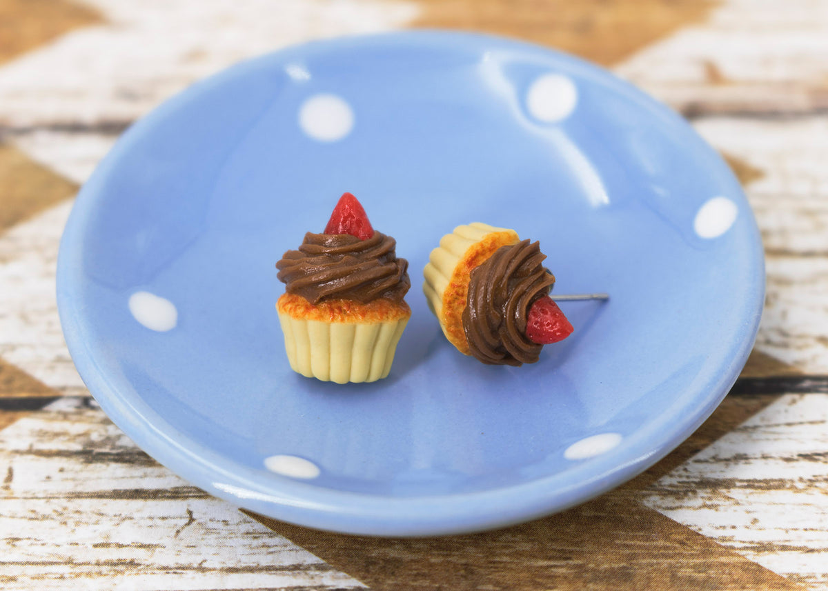 Handmade Chocolate Frosting Cupcake Stud Earrings Topped with Strawberry, Chocolate Cupcake Earrings PolinaCreations Fake Food Jewelry mini food strawberry earrings polina creations