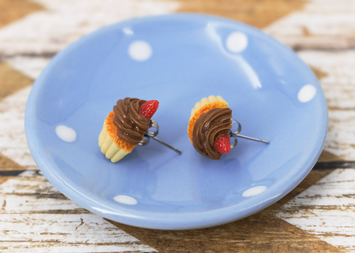 Handmade Chocolate Frosting Cupcake Stud Earrings Topped with Strawberry, Chocolate Cupcake Earrings PolinaCreations Fake Food Jewelry mini food strawberry earrings polina creations