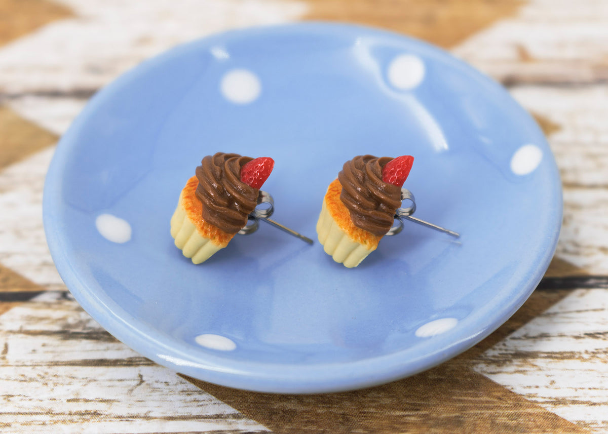 Handmade Chocolate Frosting Cupcake Stud Earrings Topped with Strawberry, Chocolate Cupcake Earrings PolinaCreations Fake Food Jewelry mini food strawberry earrings polina creations