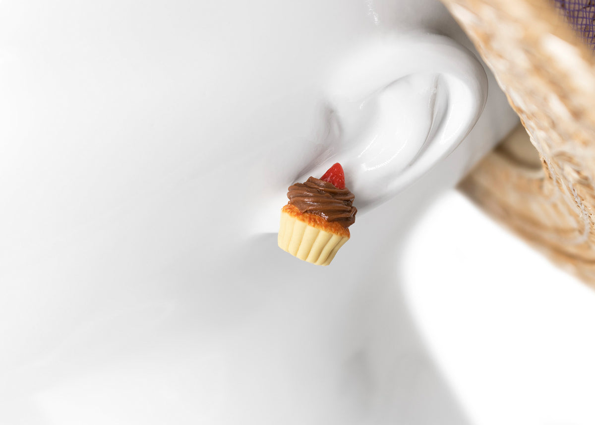 Handmade Chocolate Frosting Cupcake Stud Earrings Topped with Strawberry, Chocolate Cupcake Earrings PolinaCreations Fake Food Jewelry mini food strawberry earrings polina creations