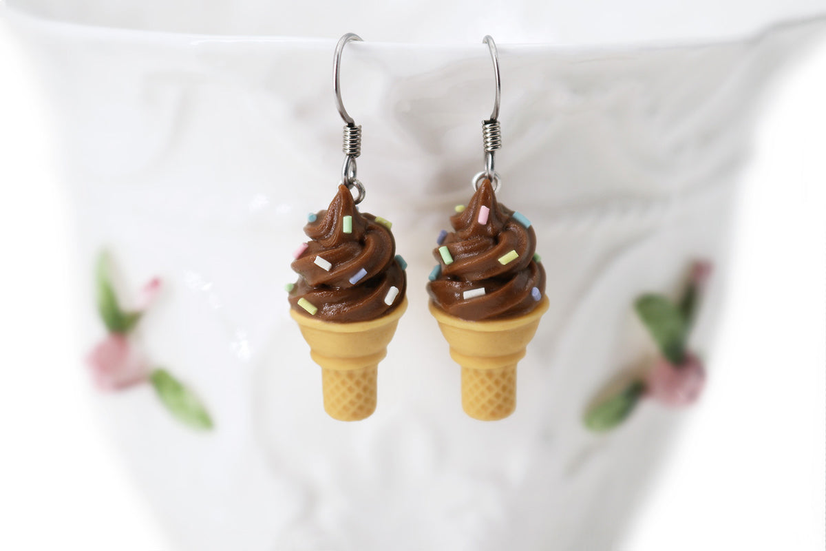 polinacreations Handmade Jewelry chocolate Ice Cream Sugar Cone Earrings Topped with Sprinkles. Ice cream Earrings, brown Earrings brown jewelry Fake Food Jewelry Kawaii miniature food jewelry mini food earrings chocolate jewelry chocolate earrings gift for her gift for woman girl rainbow jewelry sprinkle earrings polina creations jewellery brown ice cream bright jewelry summer jewelry summer earrings