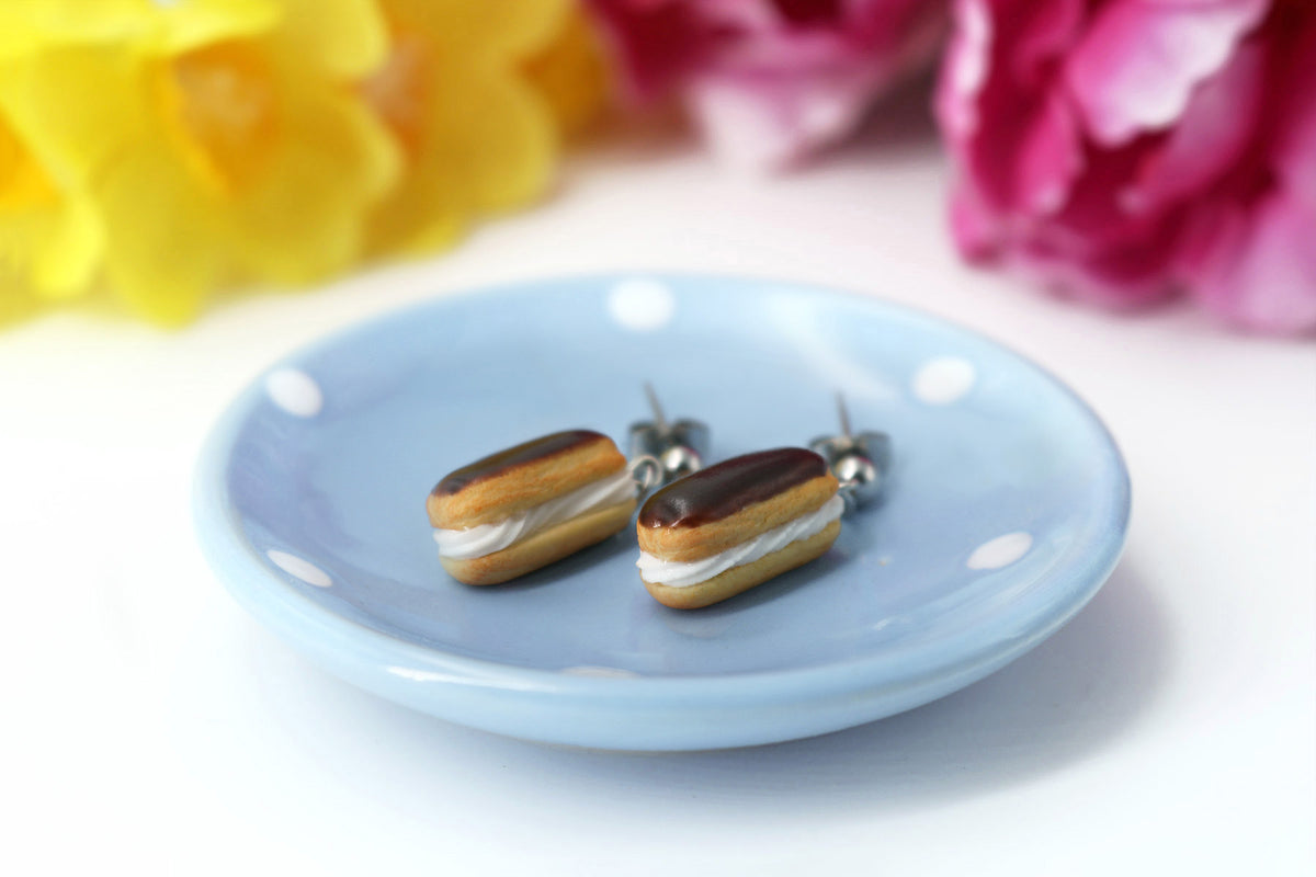 PolinaCreations Handmade jewelry Stuffed Eclair Stud Earrings with Whipped Cream & Topped With Chocolate and Raspberries Eclair earrings polina creations raspberry earrings raspberry jewelry red jewelry red earrings fake food jewelry miniature food jewelry mini food earrings cute earrings cute jewelry dessert jewelry hypoallergenic earrings chocolate jewelry chocolate earrings gift for her gift for girl woman pastry earrings pastry charm pastry jewelry food charm chocolate eclair earrings
