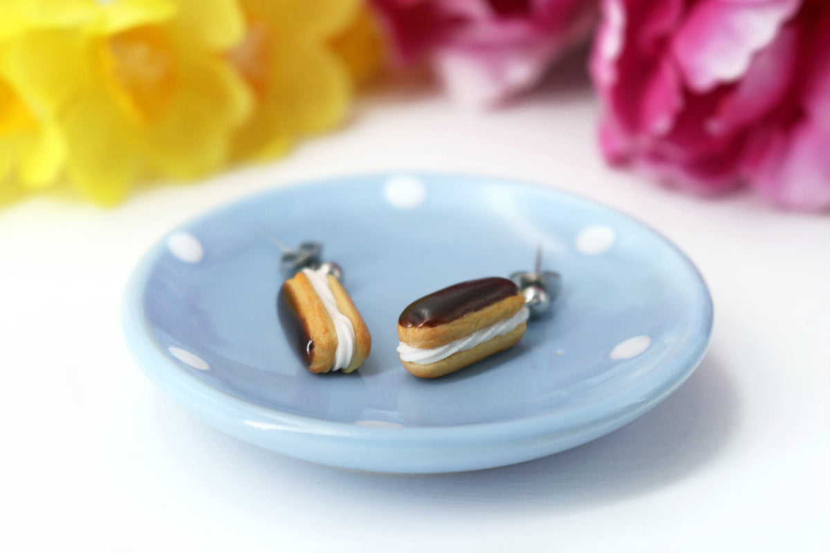 PolinaCreations Handmade jewelry Stuffed Eclair Stud Earrings with Whipped Cream & Topped With Chocolate and Raspberries Eclair earrings polina creations raspberry earrings raspberry jewelry red jewelry red earrings fake food jewelry miniature food jewelry mini food earrings cute earrings cute jewelry dessert jewelry hypoallergenic earrings chocolate jewelry chocolate earrings gift for her gift for girl woman pastry earrings pastry charm pastry jewelry food charm