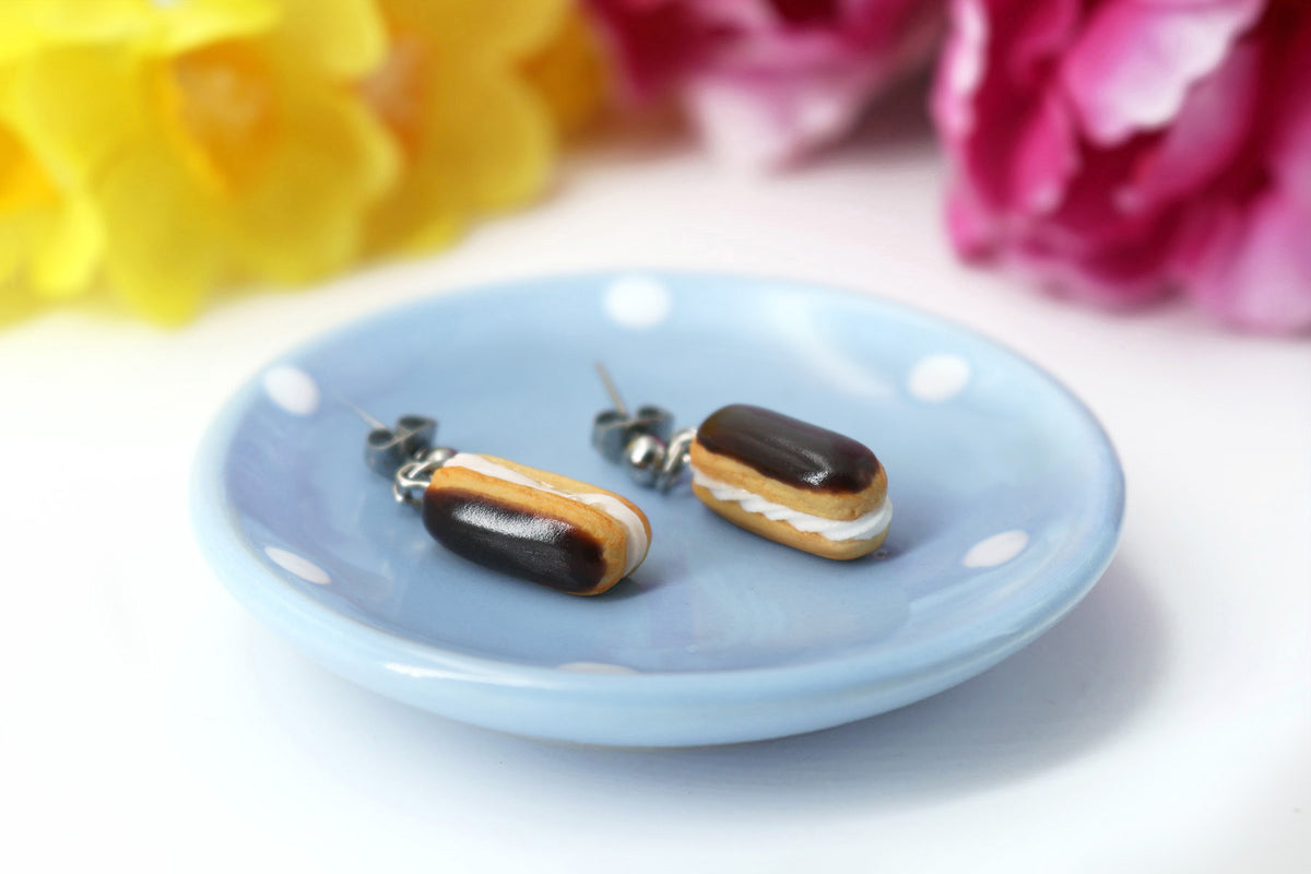 PolinaCreations Handmade jewelry Stuffed Eclair Stud Earrings with Whipped Cream & Topped With Chocolate and Raspberries Eclair earrings polina creations raspberry earrings raspberry jewelry red jewelry red earrings fake food jewelry miniature food jewelry mini food earrings cute earrings cute jewelry dessert jewelry hypoallergenic earrings chocolate jewelry chocolate earrings gift for her gift for girl woman pastry earrings pastry charm pastry jewelry food charm chocolate eclair earrings