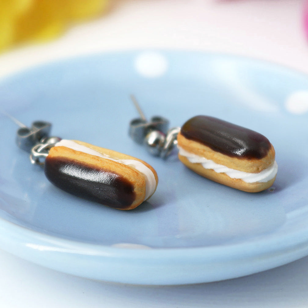 PolinaCreations Handmade jewelry Stuffed Eclair Stud Earrings with Whipped Cream & Topped With Chocolate and Raspberries Eclair earrings polina creations raspberry earrings raspberry jewelry red jewelry red earrings fake food jewelry miniature food jewelry mini food earrings cute earrings cute jewelry dessert jewelry hypoallergenic earrings chocolate jewelry chocolate earrings gift for her gift for girl woman pastry earrings pastry charm pastry jewelry food charm chocolate eclair earrings