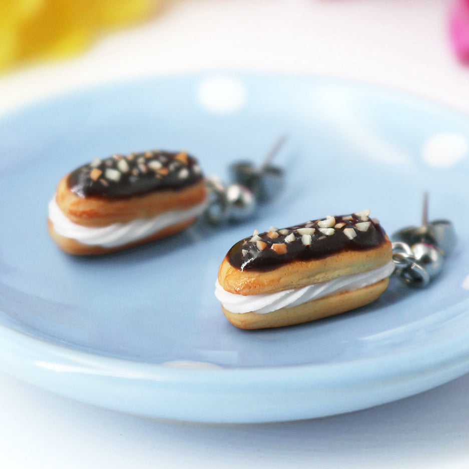 PolinaCreations Handmade jewelry Stuffed Eclair Stud Earrings with Whipped Cream & Topped With Chocolate and Nuts Eclair earrings polina creations nut earrings nut jewelry brown jewelry brown earrings fake food jewelry miniature food jewelry mini food earrings cute earrings cute jewelry dessert jewelry hypoallergenic earrings chocolate jewelry chocolate earrings gift for her gift for girl woman pastry earrings pastry charm pastry jewelry food charm yellow earrings yellow jewelry